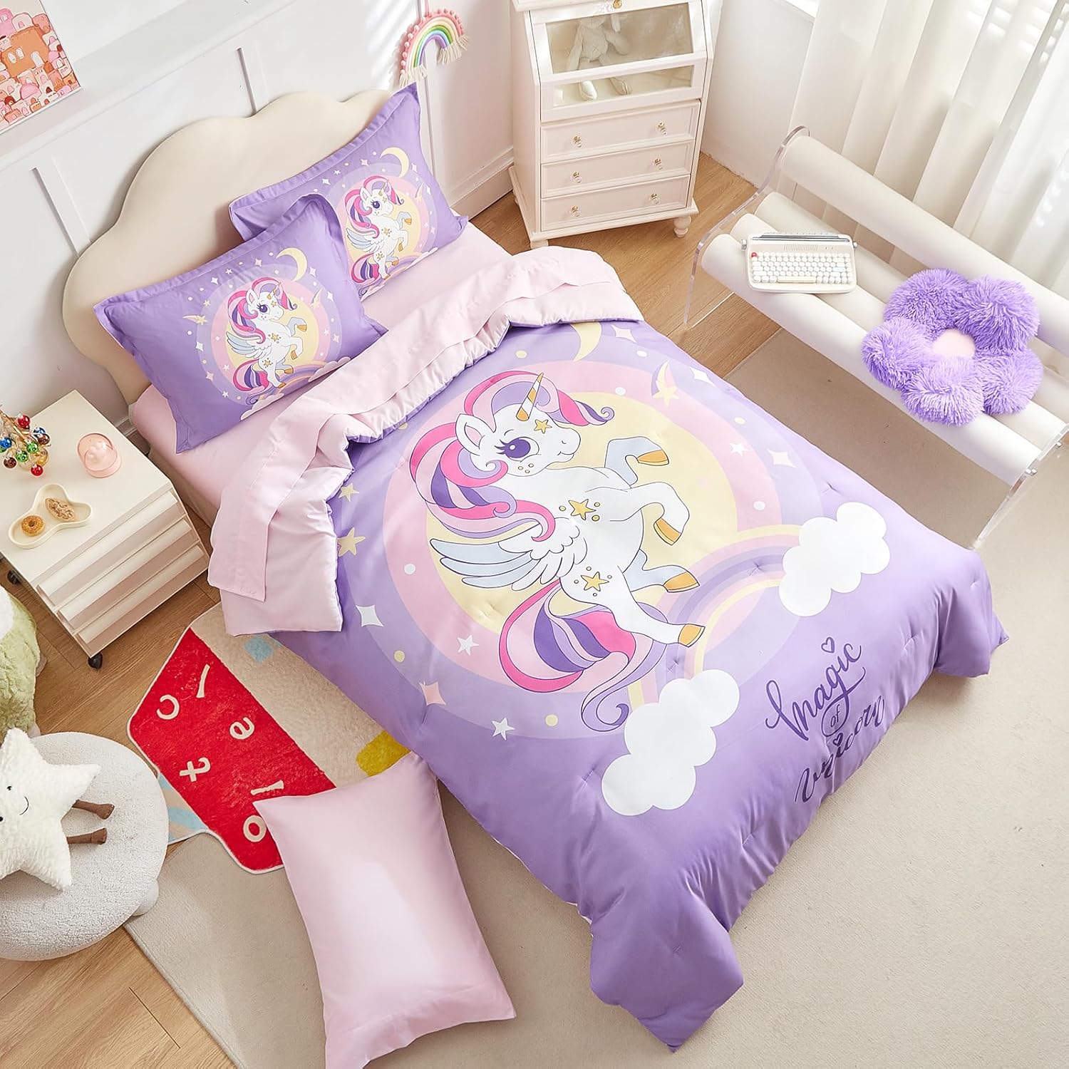 Girls Bed in a Bag Queen Size Purple Unicorn Comforter Set with Rainbow Star - Soft Microfiber 7 Pcs Bedding Set (1 Comforter, 2 Pillow Shams, 1 Flat Sheet, 1 Fitted Sheet, 2 Pillowcases)