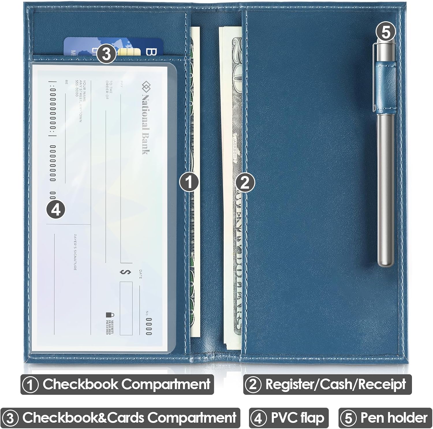 LYOOMALL Leather Checkbook Cover for Personal Checkbook, Checkbook Cover for Women & Men, Checkbook Cover for Duplicate Checks, RFID Blocking Checkbook Holder Wallet Cadet Blue