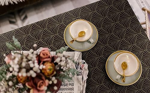 Miniatura 6 de Dimoon Papel tapiz geométrico de 393 x 17.3 pulgadas, papel de contacto dorado negro, papel de contacto geométrico, grueso, impermeable, dorado,