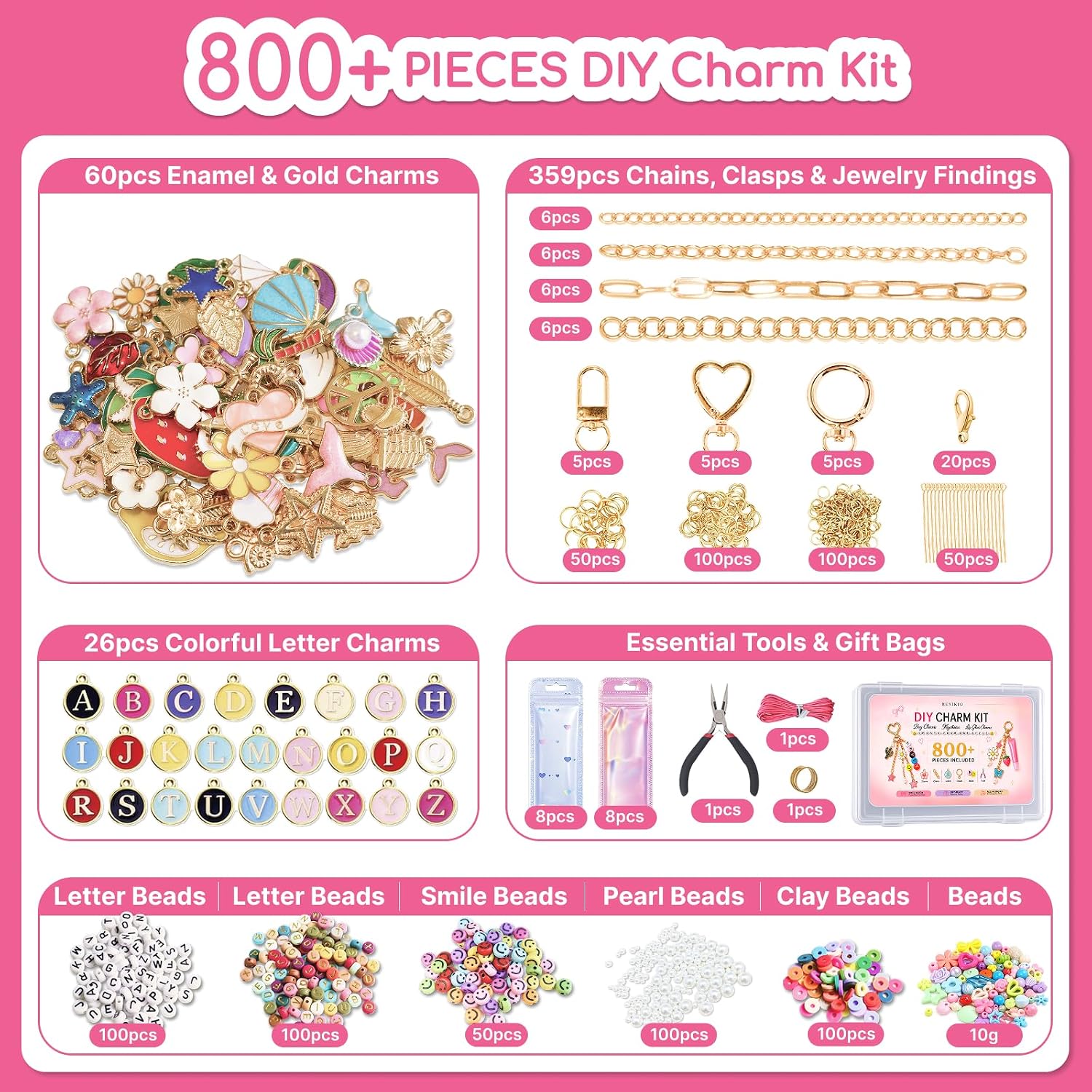 RENIKIO 800+ Pcs Charms Lip Gloss Keychain Making Kit, Bag Charm Kit for Girls, DIY Craft Supplies with Pearl Beads, Smile Beads, Letter Beads, Chains, Key Rings, Clasps, Tools, Custom Keychain Gift