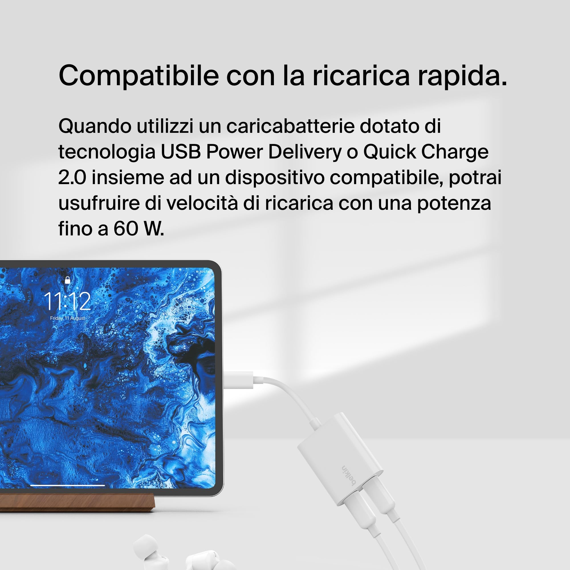 Belkin RockStar Adattatore audio + ricarica USB-C, adattatore cuffie con ricarica rapida USB-C PD 60 W per iPhone 15, iPad Pro, Galaxy, Note, Google Pixel, LG G6, Sony Xperia, OnePlus e altri - Bianco