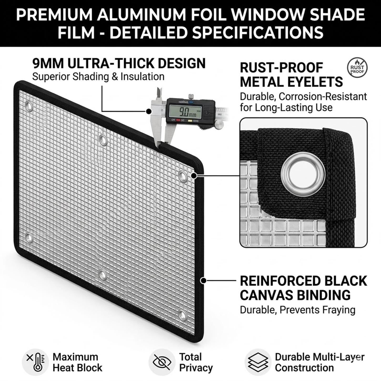Wärmeisolierung Sonnenschutzfolie 99% Verdunkelung mit Saugnapf, 9mm Sichtschutzfolie Außen Innen, Anpassbar Aluminium Reflektierend Fenster Folie Spurenlose Montage für Haus(Schwarz,100x200 cm)