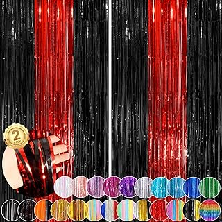 Black Red Fringe Curtain Party Streamers 2Pack 3.3x8.3 Ft Foil Fringe Backdrop Curtains for Birthday Wedding Bridal Baby Shower Holiday Tinsel Streamers Black Party Decorations Door Streamers