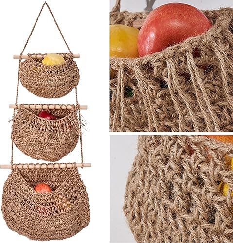 Miniatura 4 de Cestas de frutas colgantes para cocina, cestas de pared bohemias de 3 niveles hechas a mano para organizar y decorar sala de estar, dormitorio,