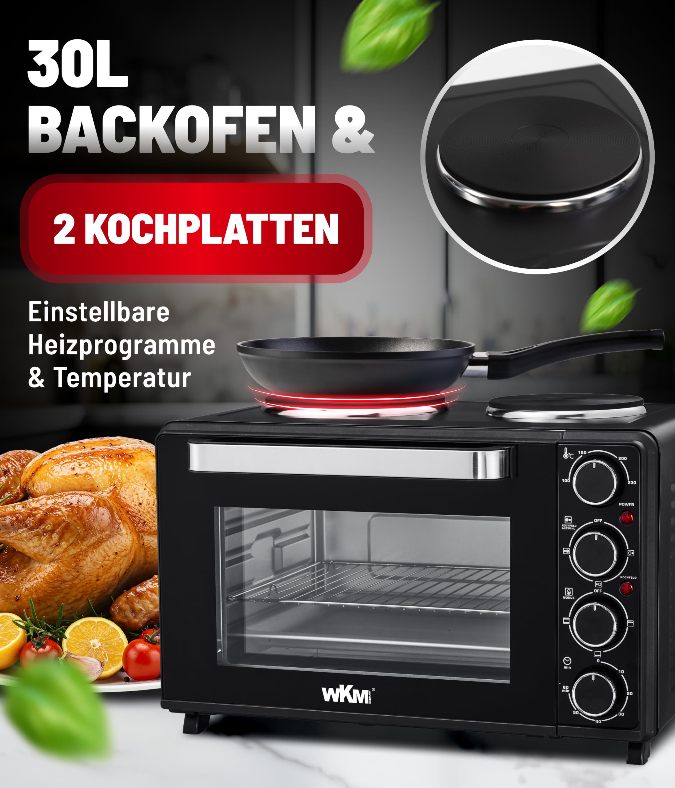 WKM® Mini Backofen mit Kochplatten Schwarz (30L) - 3 Heizprogramme, Innenbeleuchtung & 60 Min Timer - Perfekt für kleine Küchen - Kompakt Backofen Tischbackofen - Deutsches Familienunternehmen