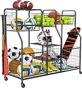 Garage Sports Equipment Organizer - Ball Storage Rack with Elastic Rope or Wire Mesh,Garage Organizer System with Wheels,Indoor/Outdoor Sports Rack for Sports Gear and Toys Storage,Black