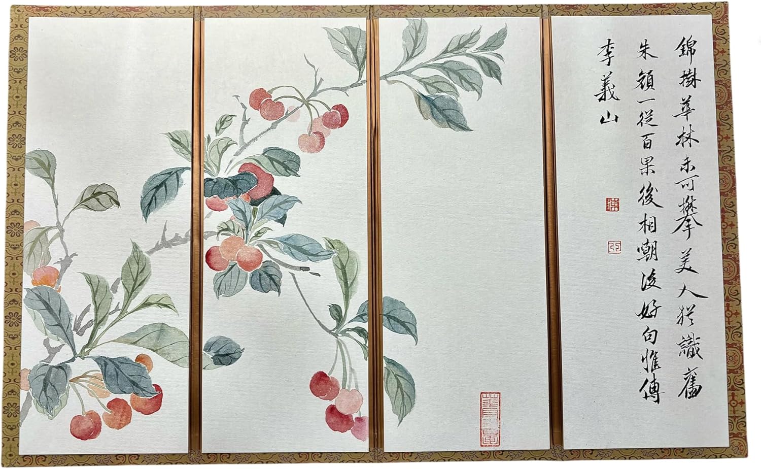 (1 Piece) -Cherry - Pure Hand-Painted Chinese Painting and Calligraphy Home Decoration, Antique Mini Folding Screen for Desktop, Movable partition Screen, Traditional Chinese Hand-Painted Gift.