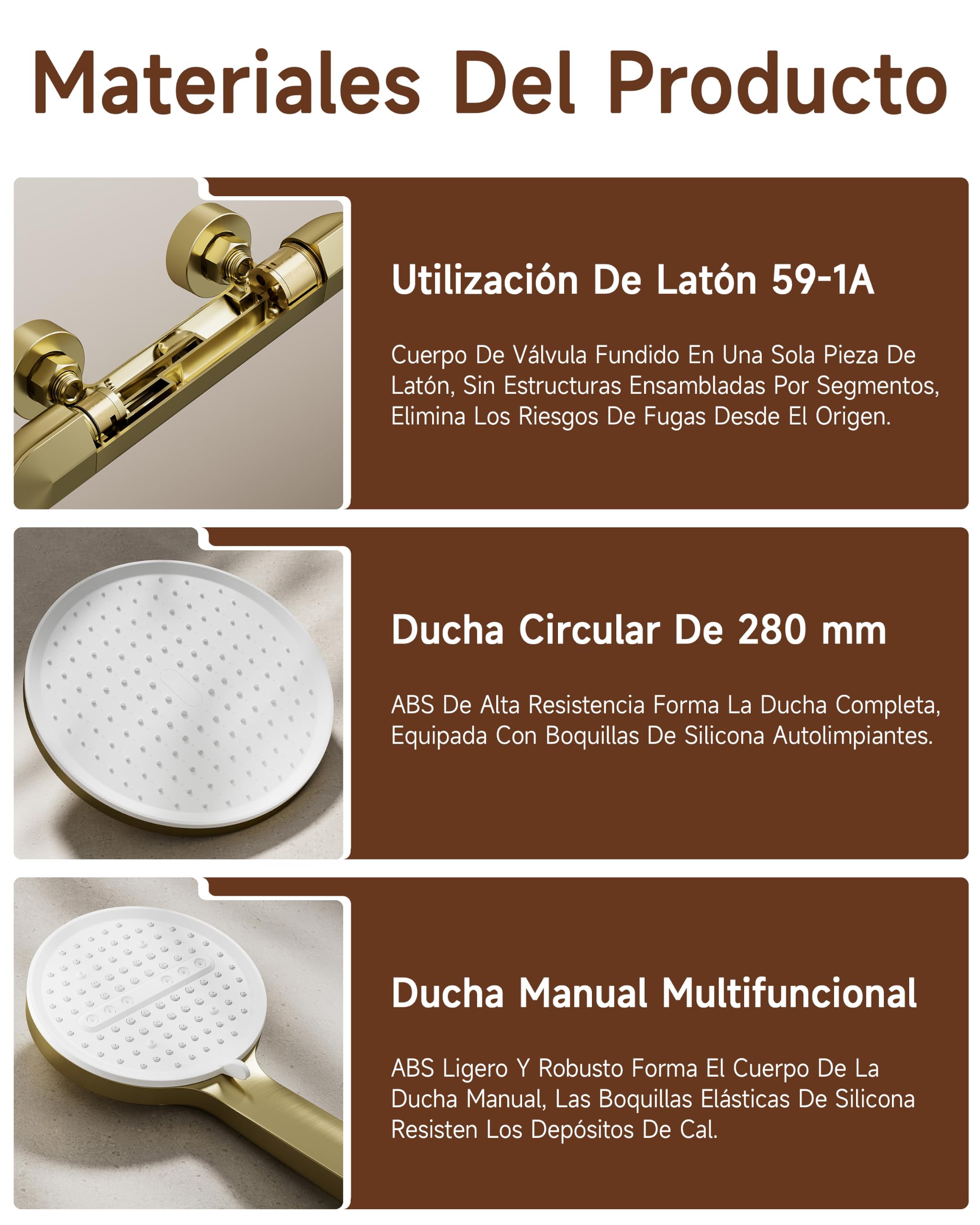 Columna Ducha, cuerpo de latón, sistema de ducha en oro cepillado