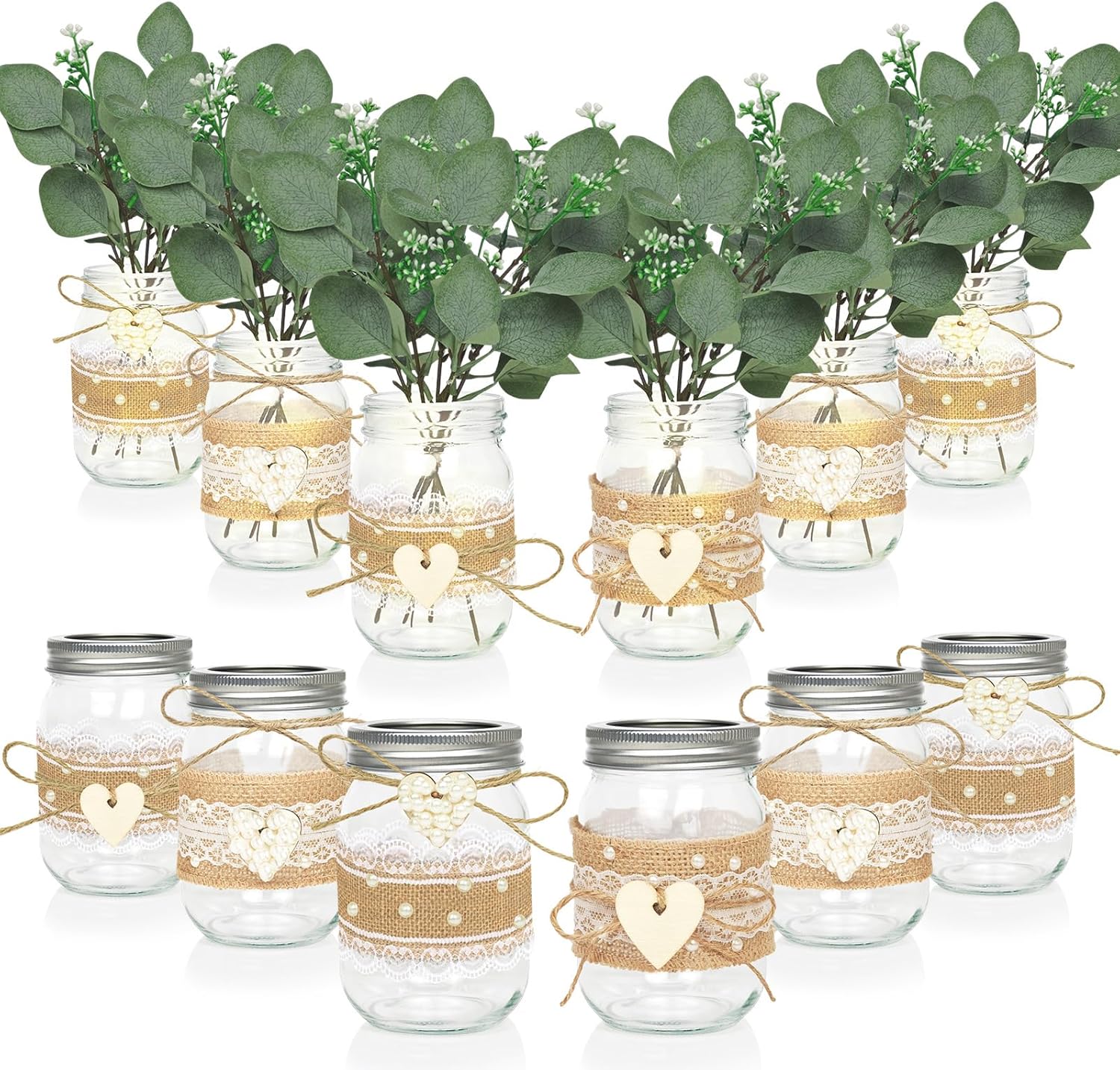 Cinrobiye 6 Sets Mason Jar Centerpieces with Eucalyptus & Lace Sleeve – Rustic Wedding Table Decor, Flower Centerpieces for Tables, Bridal Shower, Baby Shower, Engagement Party Decorations