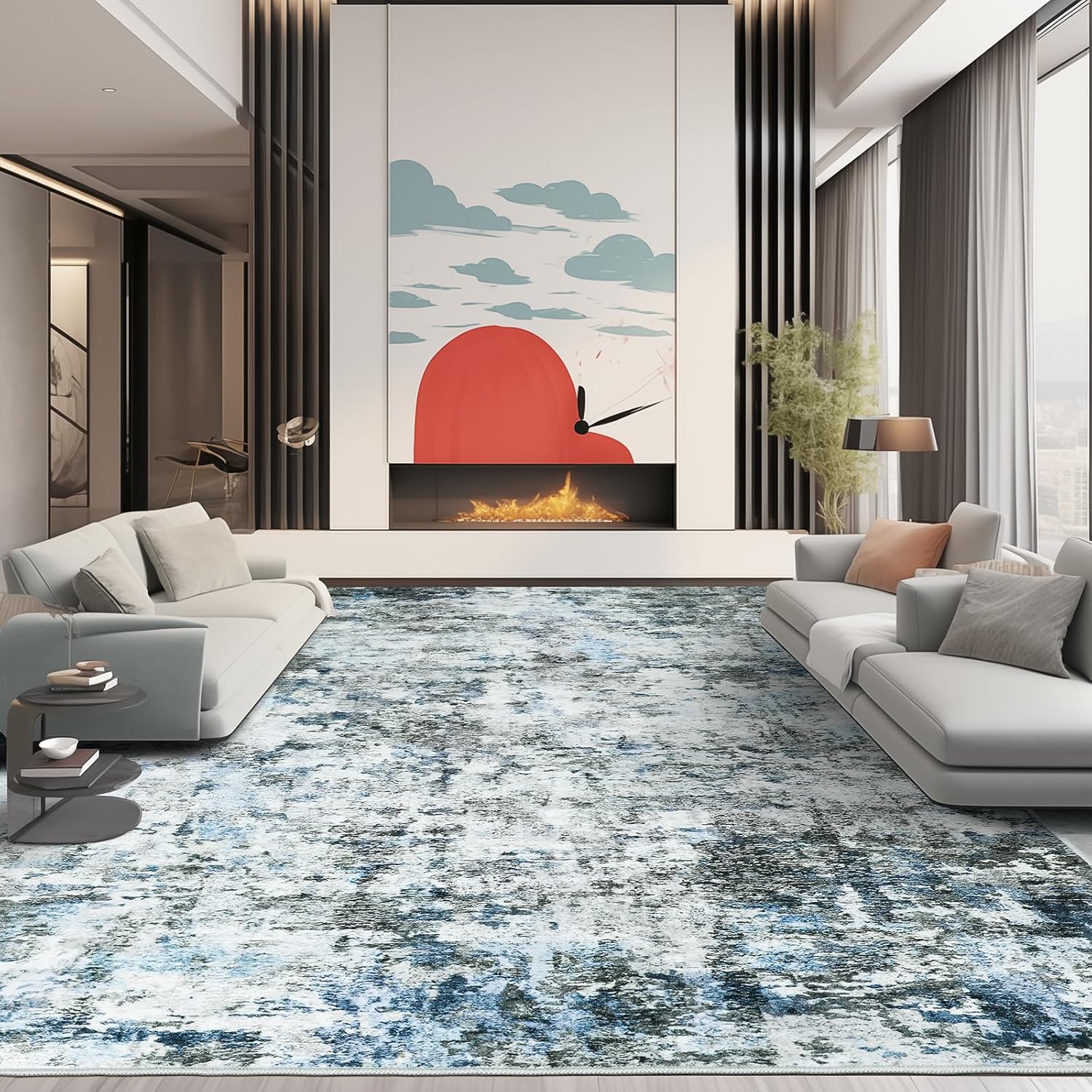 8x10 Area Rugs, Modern Abstract Washable Rug for Living Room, Stain Resistant Non-Shedding Distressed Area Rug with Non Slip Backing for Bedroom (Blue/Grey, 8'x10')