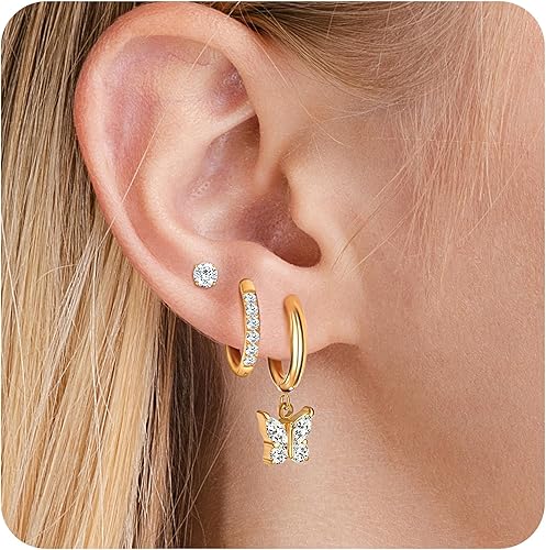 Drop Dangle Surgical Steel Small Huggie Hoop Earrings Set 14K Gold Plated Hypoal