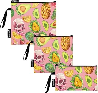 Reusable Sandwich and Snack Bags, Skull Pineapple Ice Cream Avocado Vector Printing for Adults or Lunch, Washable Fabric, Waterproof Cloth Zip Bag, Travel Pouch, Food-Safe Storage 3-pk