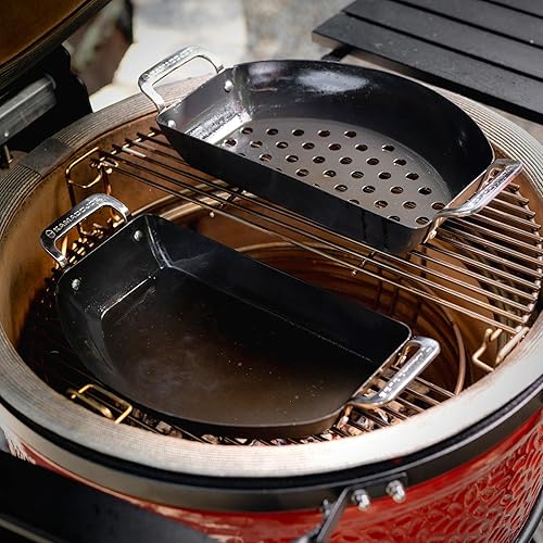 Miniatura 7 de Kamado Joe Sartenes antiadherentes de media luna de acero al carbono pre-sazonado de acero Karbon con una sartén sólida y una sartén perforada para