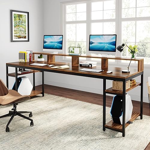 Miniatura 5 de Tribesigns Escritorio para Dos Personas con Soporte para Monitor, Escritorio de Oficina Doble para Computadora de 78.74" de Largo con Estantes de