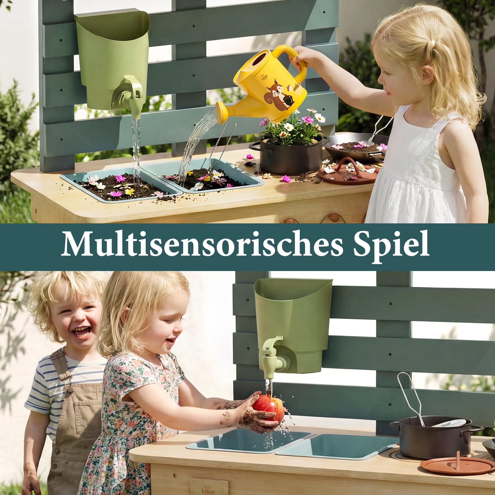 Lehoo Castle Holz Outdoor Matschküche für Kinder, Spielküche mit Echtem Waschbecken Küchenzubehör, Gartenspielzeug zum Kochen, Gießen Sensorisches Spielen, Montessori Lernspielzeug ab 3 Jahre