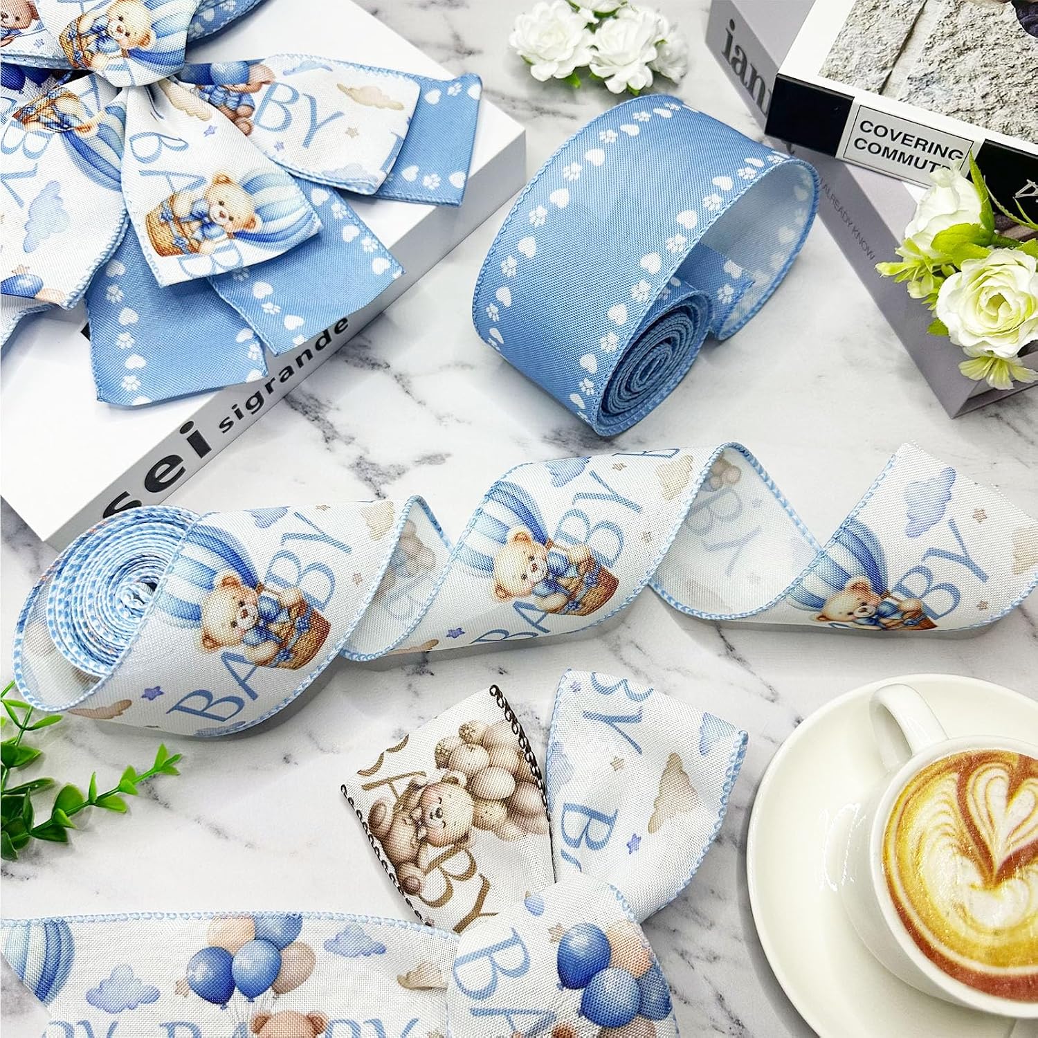 2.5 Inch Baby Shower Ribbon for Boy - Blue and White Bear Paw Decorations Wired Edge Ribbon Craft for Gift Wrapping, Bows, Wreath, Party Decor - Gender Reveal Ribbon for Boxes Bags, 2 Rolls,10 Yard