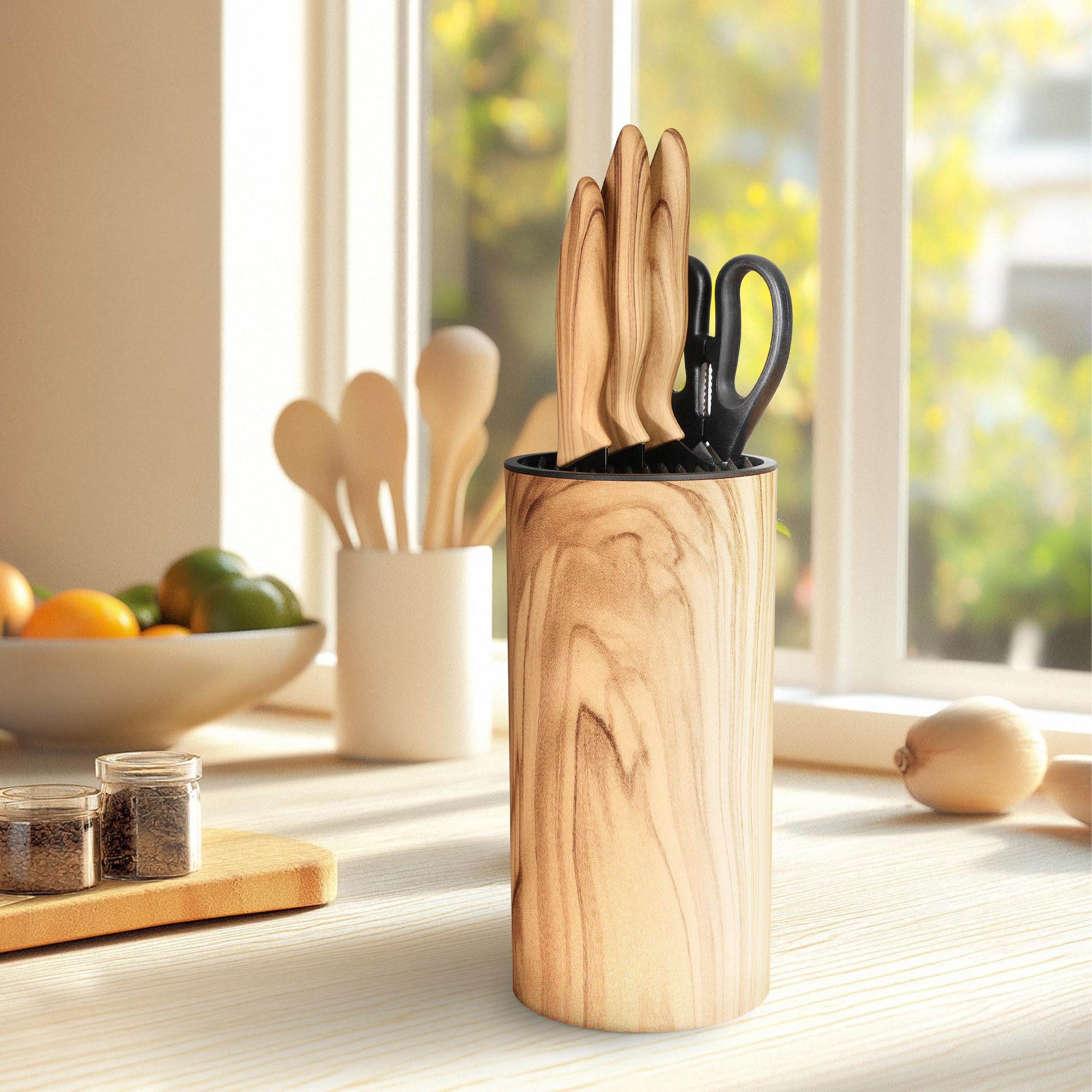 hecef Bloc Couteaux 6 Pièces avec Bloc Universel, Couteaux de Cuisine En Acier Inox, Couteau de Chef & Santoku, Ultra Tranchant, Manches Ergonomiques, Lames Noires Antiadhésives, Maison et les Cadeaux