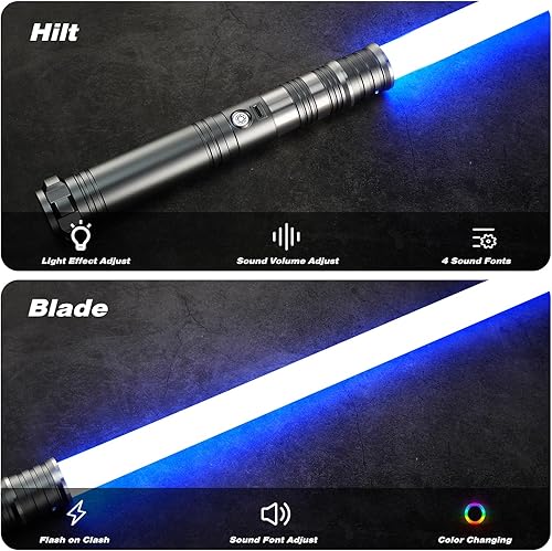 Miniatura 21 de CUSTOM SABER Sable de luz RGB con 12 colores cambiantes, 4 fuentes de sonido/empuñadura de metal, soporta duelo pesado, sable de luz ajustable