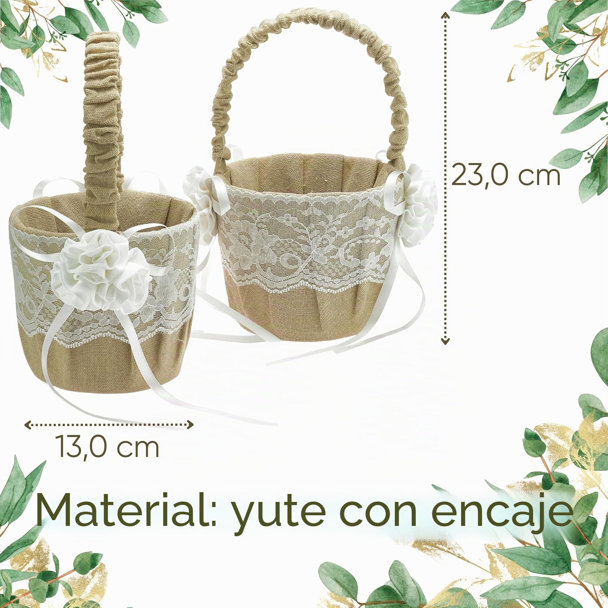 EinsSein Set 2 Cestas de Flores Boda Flor de Yute 17x26x13 cm | Cestas de Mimbre Naturales para Arras Alianzas y Decoración | Porta Anillos Cestitas Regalo Cesto Rústico Boda
