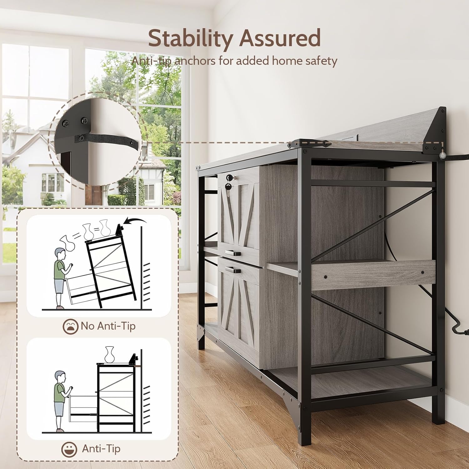 44" File Cabinet, Lateral Filing Cabinet for Home Office with 2 Drawers, Office Storage Cabinet with Lock and Key, Wooden Printer Stand with 4 Storage Shelves and Power Outlets, Office Furniture, Grey