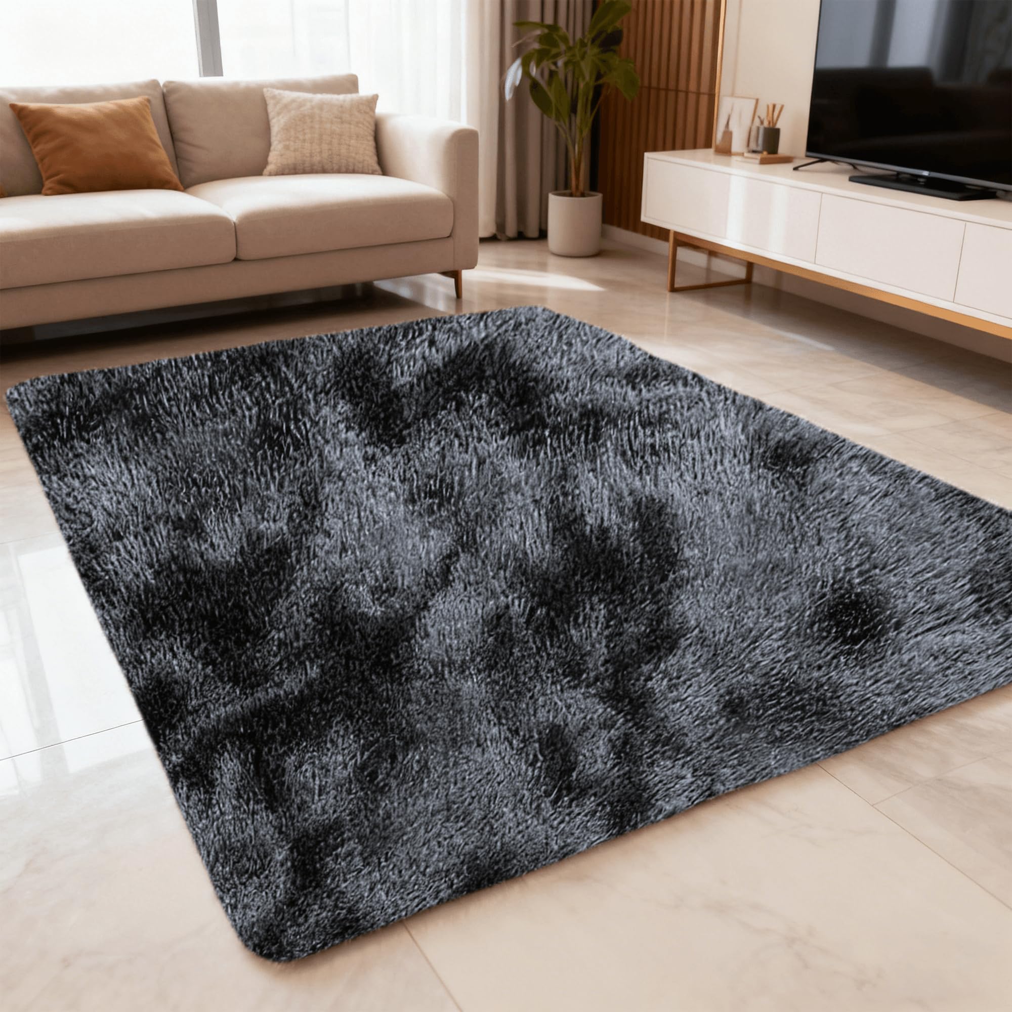 Tapis de Salon Moelleux à Poils Longs 140 x 190 cm Intérieur Moelleux Épais Tapis de Sol Doux Moderne Chambre Bébé Pépinière Dortoir, Gris Foncé