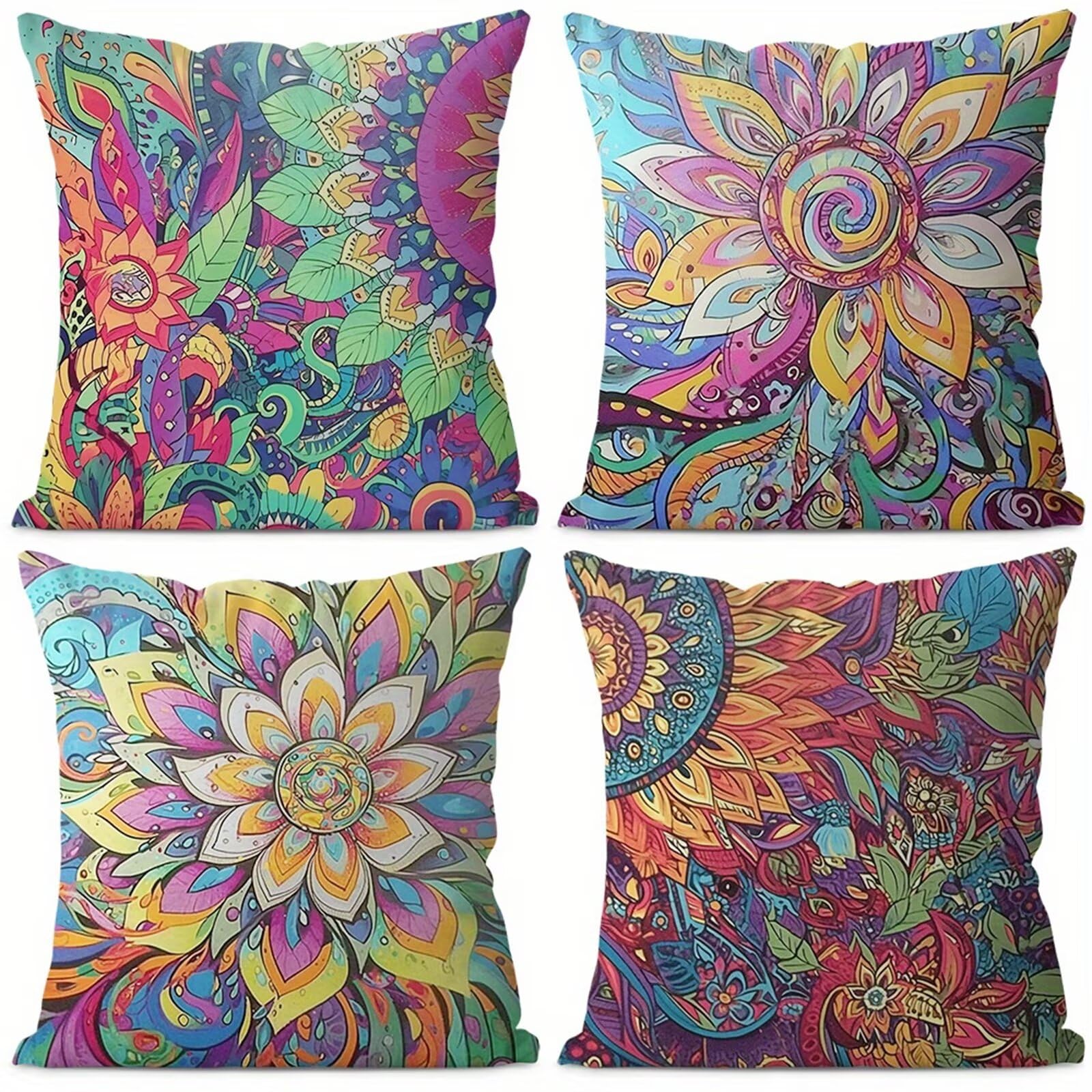 QiHon Cushion Covers 60x60 cm Set of 4 Colourful Bohemian Linen Square Pillow Cases 24x24 inch Modern Decorative Throw Pillow Covers for Sofa Couch Bedroom Home Office with Invisible Zipper