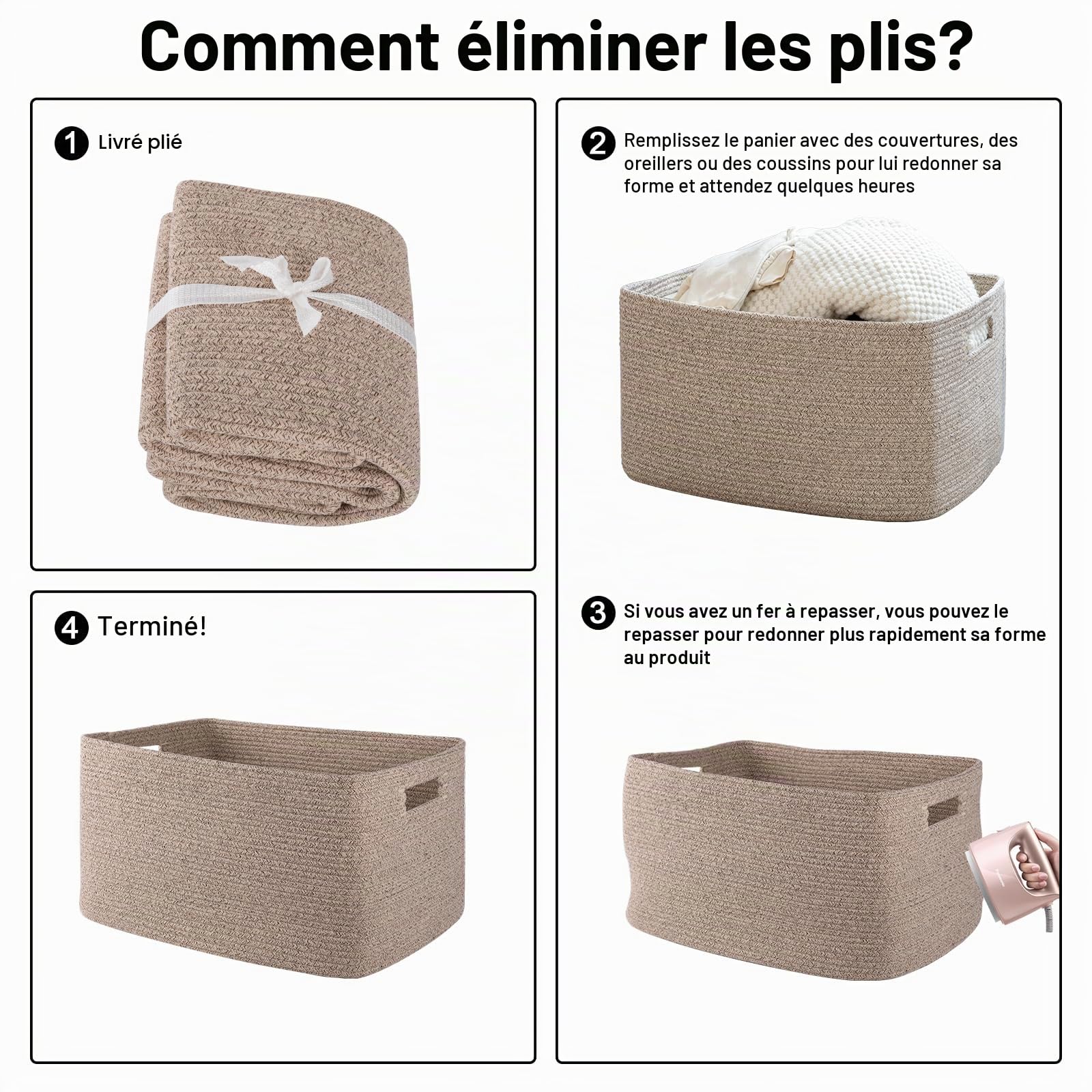OIAHOMY Grand panier de rangement de couverture tissé avec poignée, panier en corde de coton pour organiser 55,9 x 43,2 x 30,5 cm, panier à couvertures, salon, panier à jouets pour chambre d'enfant
