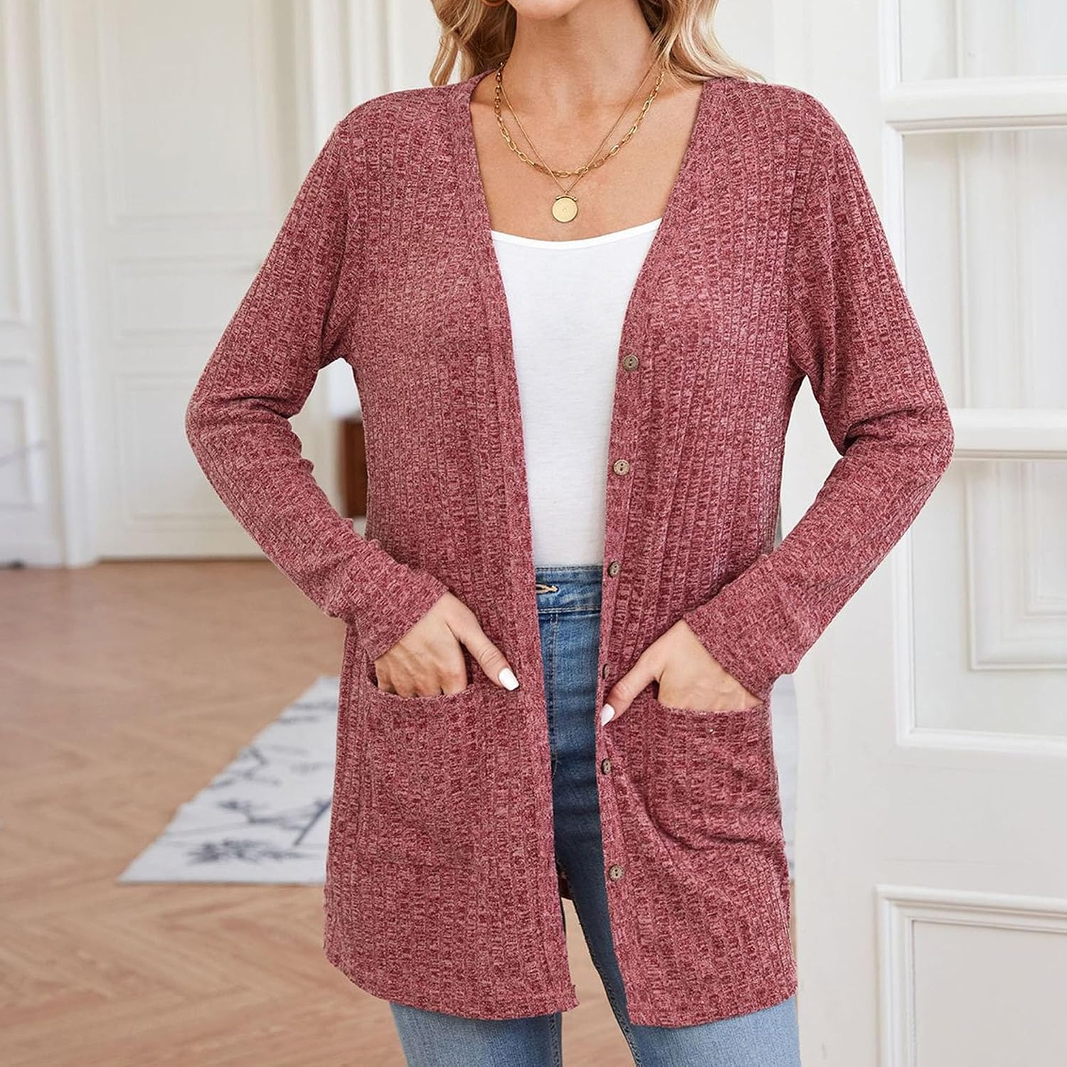 Long Cardigans for Women Open Front Button-Down Long Sleeves Outwear Lightweight Fall Sweaters with Pockets