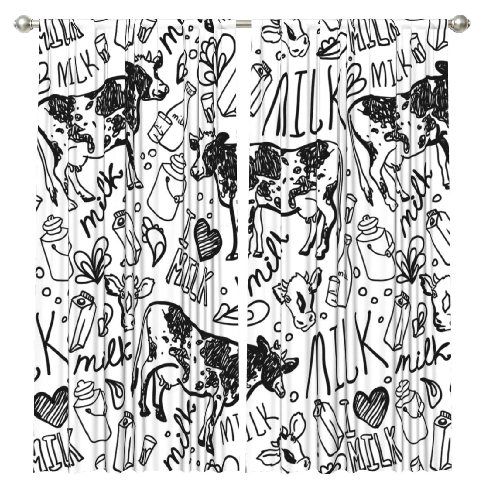InOmak Hand Draw Cow And Milk, 2 Panels Window Curtains 52 x 84 Inch Blackout Curtains for Living Room Bedroom