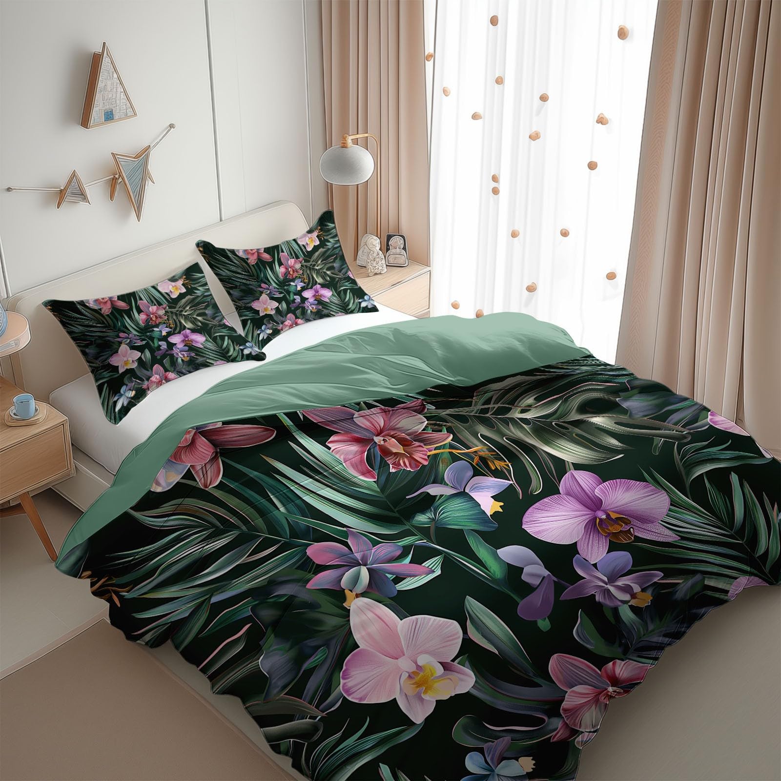 Generisch Dwustronna pościel w stylu akwarelowym, tropikalne storczyki, liście palmowe, 220 x 240 cm, zestaw pościeli 3D, miękka, puszysta, poszewka na kołdrę z zamkiem błyskawicznym i 2 poszewki na