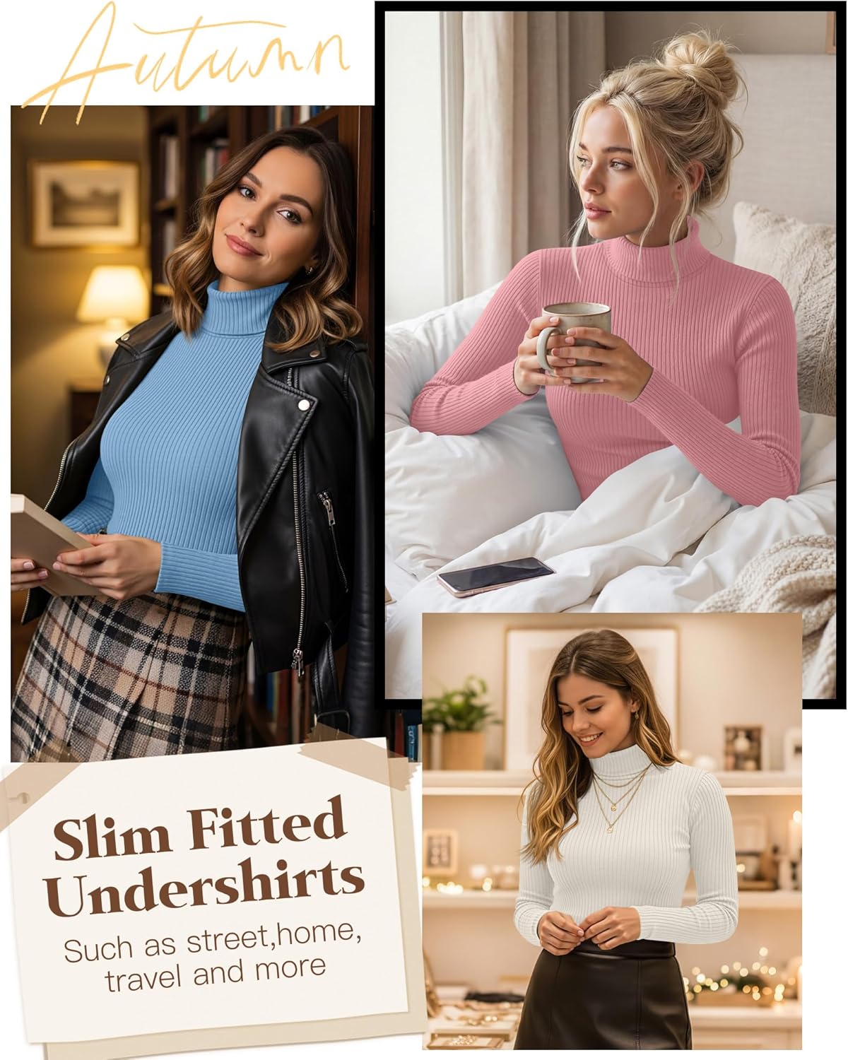 3 Pack Women’s Ribbed Turtleneck Tops Long Sleeve Cotton Stretch Shirts Slim Fit Base Layer Undershirt Tees - Image 4