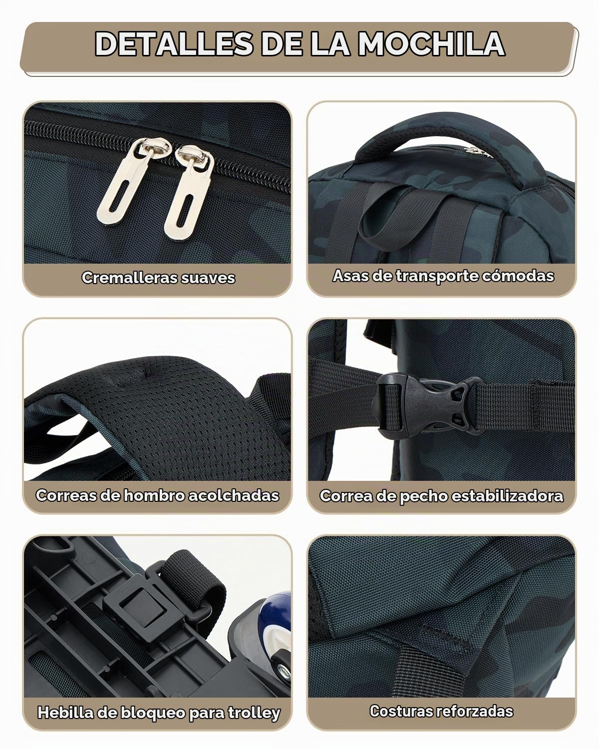 Amythe Mochila con Ruedas para Chicos - Gran Capacidad, Camuflaje Verde | Trolley Escolar 6 Ruedas con Carrito Extraíble - Mochila Adolescentes para Vuelta al Cole Primaria ESO Instituto – PC 15.6"
