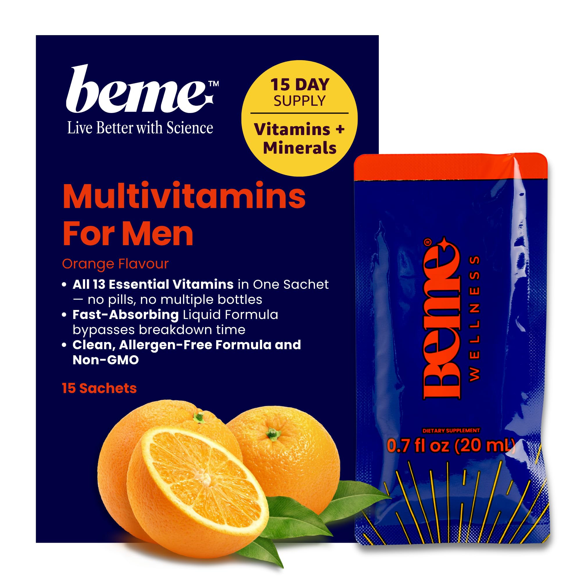 BeMe Be Vitalized Liquid Multivitamin for Men - Daily Liquid Vitamins & Minerals, A, B-Complex, C, D, E, K, Calcium, Zinc, Magnesium, Men's Health & Wellness Supplement Drink - 15 Sachets, Orange
