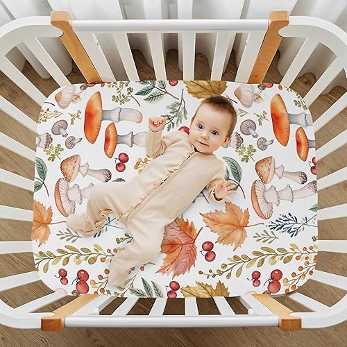 Miniatura 7 de Kigai Fitted Crib Sheet for Boys Girls,Retro Mushroom Jersey Knit Baby Sheet for Standard Crib and Toddler Bed Mattresses, Cozy Soft Breathable, 28