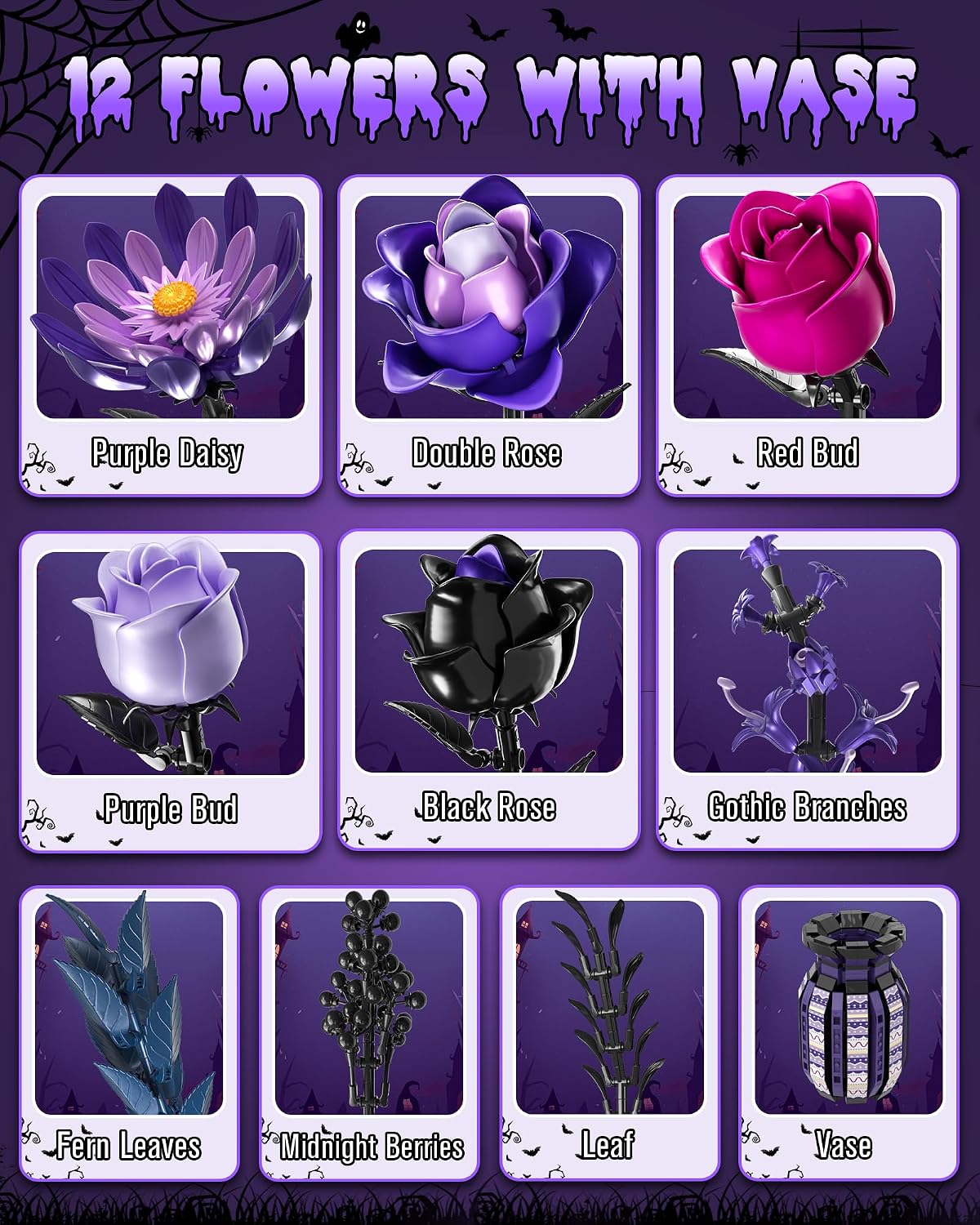 Purple Flowers Building Set with Vase for Adults, Gothic Black Roses Floral Bouquet, Compatible with Lego Botanical Collection, Cool Home Office Decor Valentine Gift for Her, Women, Girls 14+