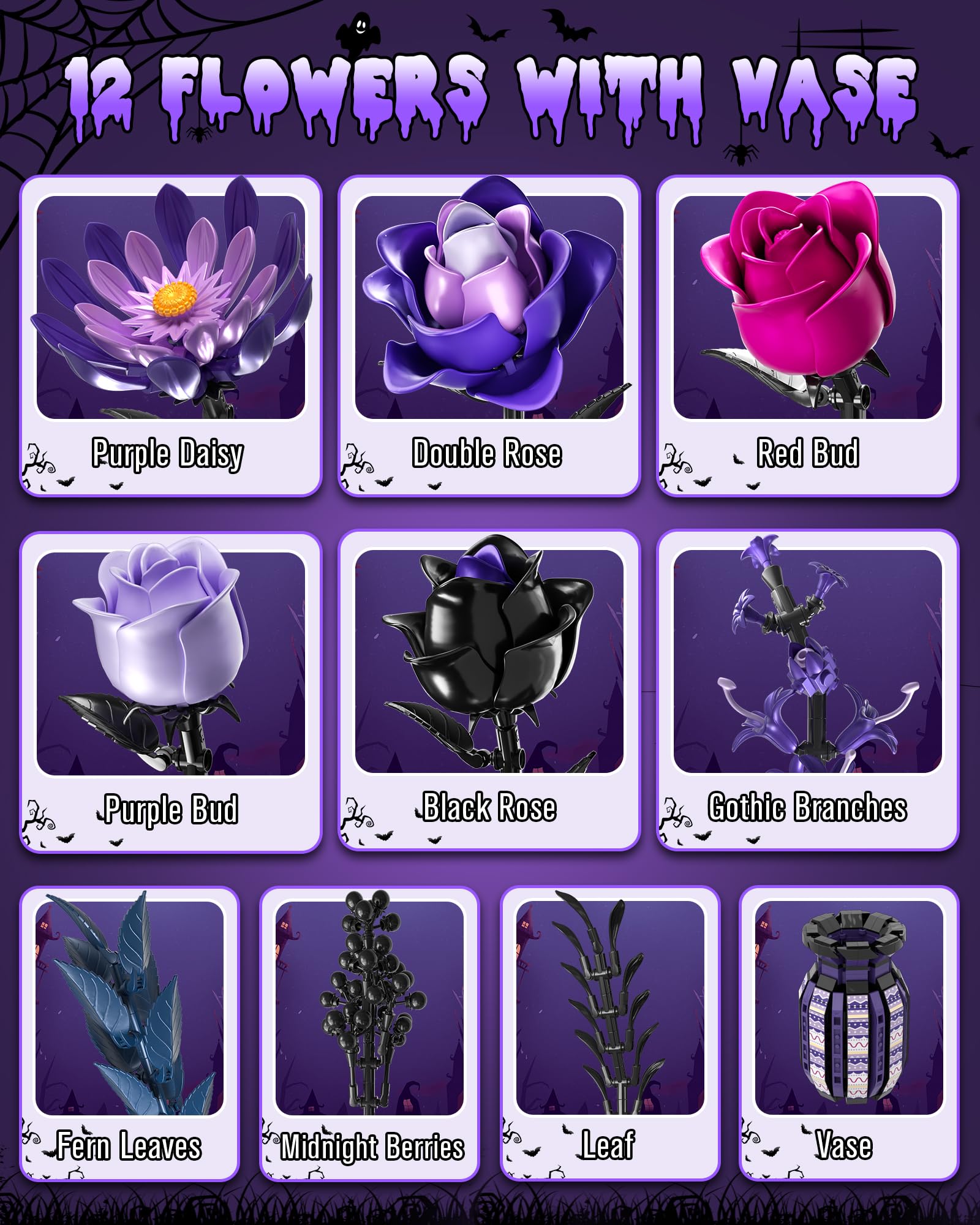 Purple Flowers Building Set with Vase for Adults, Gothic Black