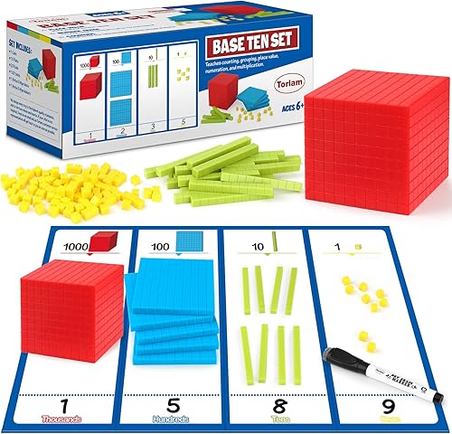 Torlam 131 bloques base de diez bloques para matemáticas Bloques de valor posicional, base de plástico, 10 manipuladores matemáticos de primer