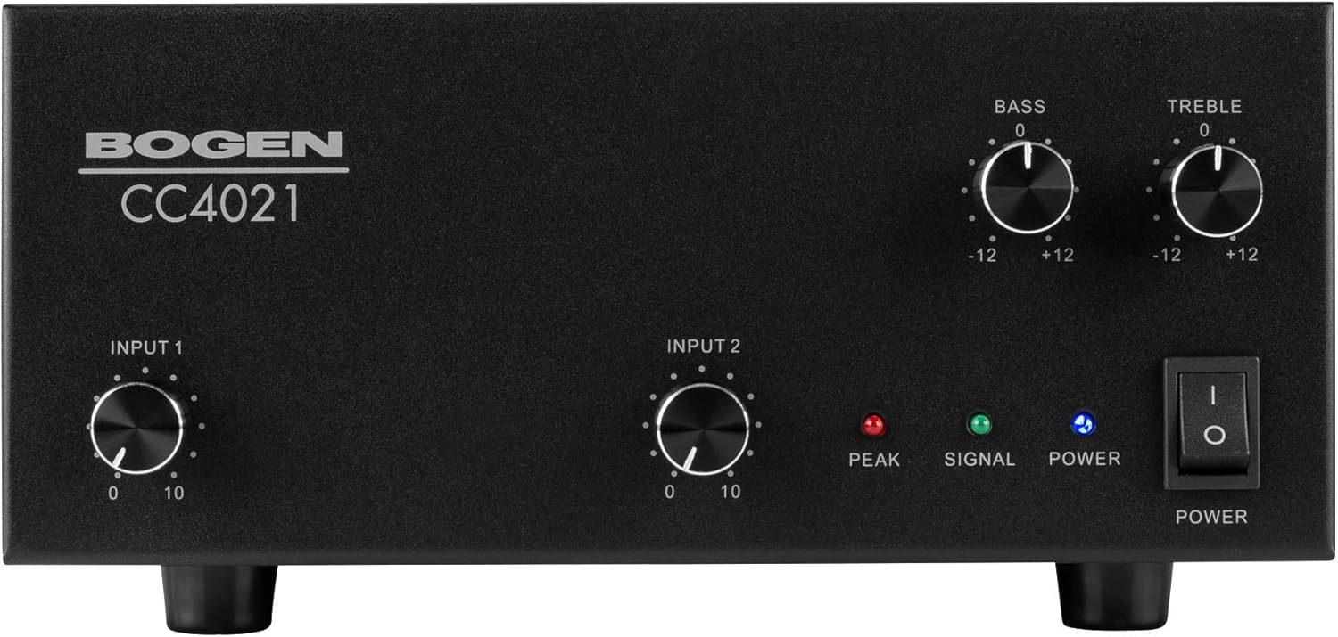 Front panel of the Bogen CC4021 amplifier showing controls and indicators.