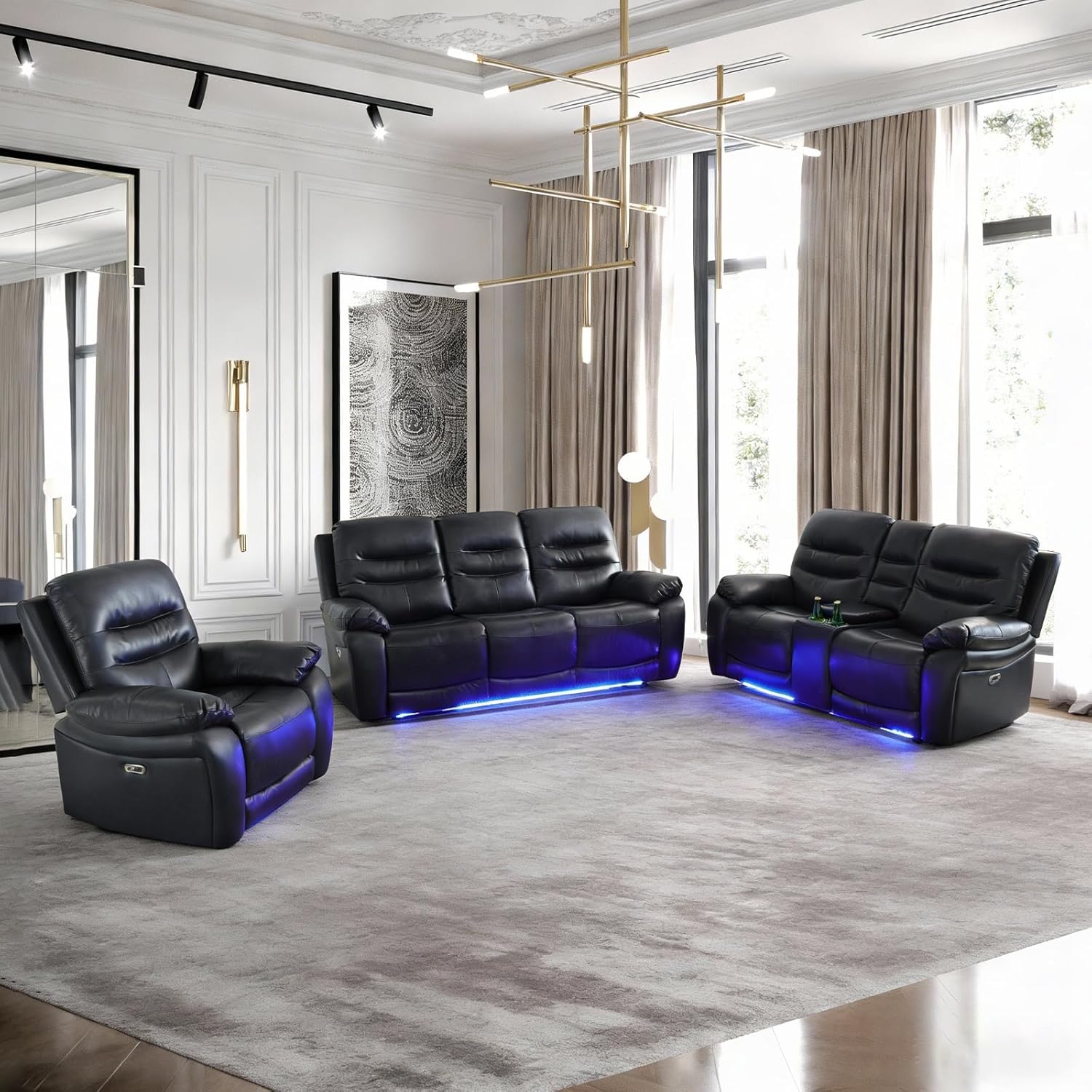 Power Reclining Sofa Set, Leather Sectional Recliner Couch for Living Room with LED Lighting, USB Ports, Storage Console & Cup Holders, Black 3-Piece