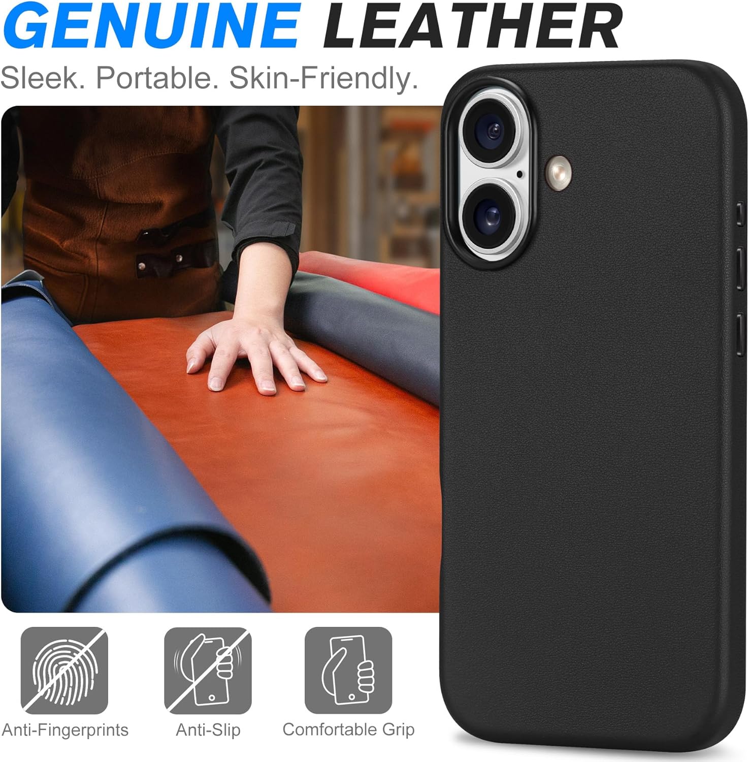 SHIELDON Genuine Leather Case for iPhone 17 6.3 Inch 2025 | Compatible with Magsafe, Magnetic Wireless Charging, Anti-Scratch, Shockproof, Metal Buttons, Camera Bezel, Protective Phone Cover - Black