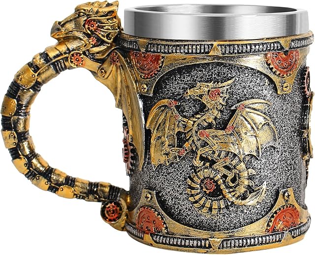 OTARTU Vintage Stainless Steel Medieval Steampunk Dragon Coffee Mug, Dungeons and Dragons Gear Cyborg Gold Dragon Beer Stein Tankard,Gift for Men Fathers Day
