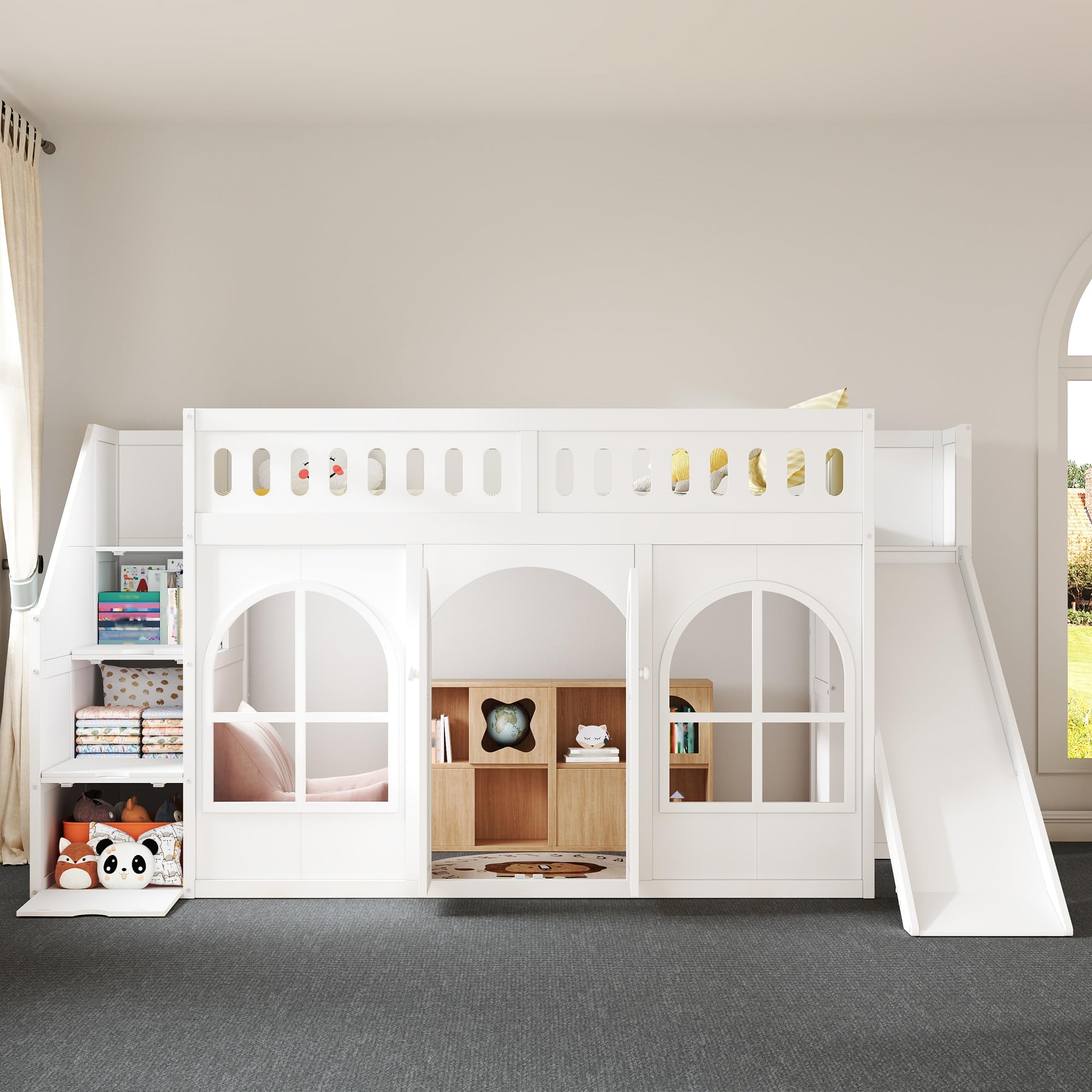 View 1 of *** PARTIAL SET FOR PARTS ONLY ***
RuiSiSi Twin Loft Bed with Slide, Storage Stairs & Wardrobe for Kids, White