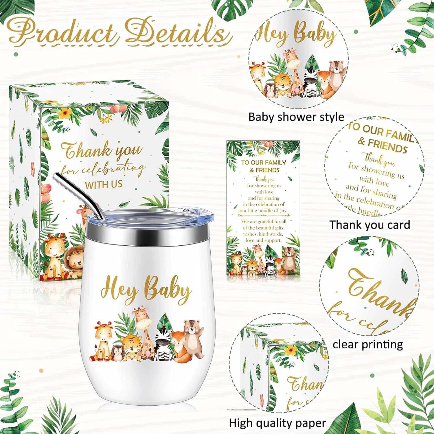 Hoolerry 6 Set Baby Shower Game Prizes for Guests Winners 12 oz Insulated Stainless Steel Tumbler Cup with Lids, Straws, Cleaning Brush, Cards & Boxes Return Gifts(Green,Safari Animals)