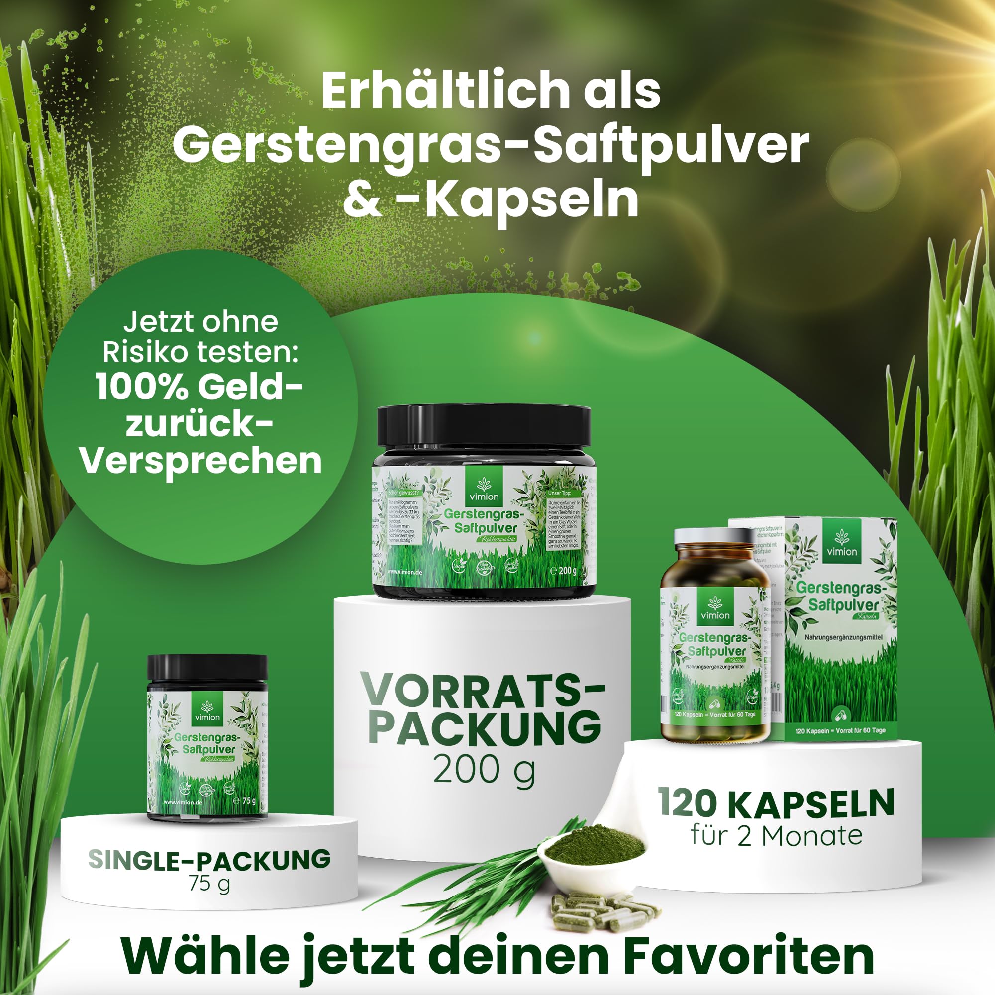 pures Gerstengras-Saftpulver - 75 g Premium-Rohkostqualität - natürlich reich an Eisen, Folsäure, Vitamin K & Chlorophyll - 100% vegan - Green-Superfood - Plastikfrei im Braunglas
