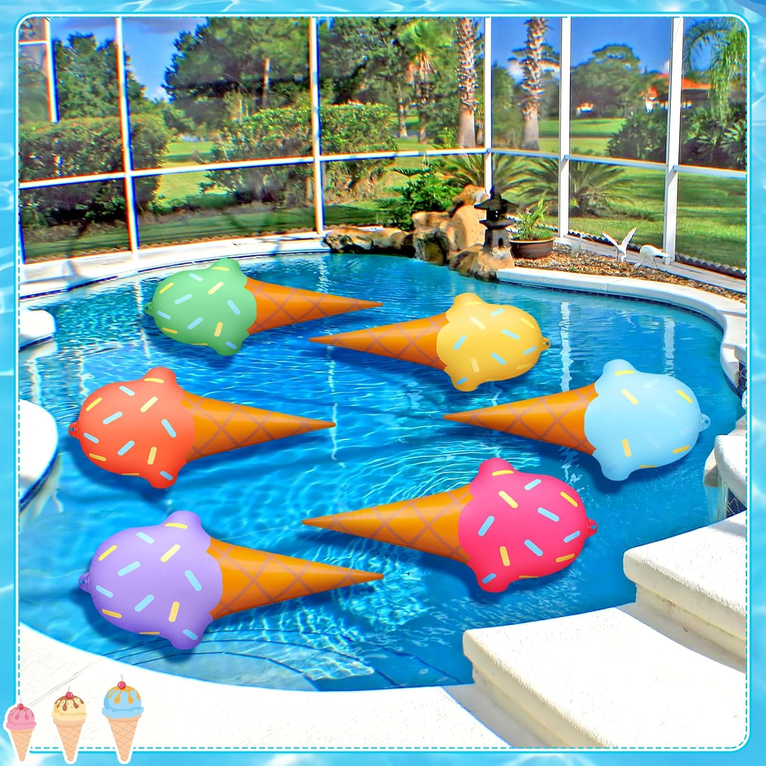 Leyndo 6 Pcs 24 Inch Summer Inflatable Ice Cream Decorations Summer Ice Cream Pool Floats Garden Ornaments Outdoor Indoor Party Decor Colorful PVC Inflatable Toys for Birthday Wedding