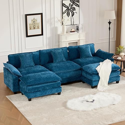 Miniatura 102 de Sofá seccional modular beige de 111.5", sofás seccionales grandes de 3 plazas para sala de estar, tela de chenilla marfil blanquecino, sofá nube de