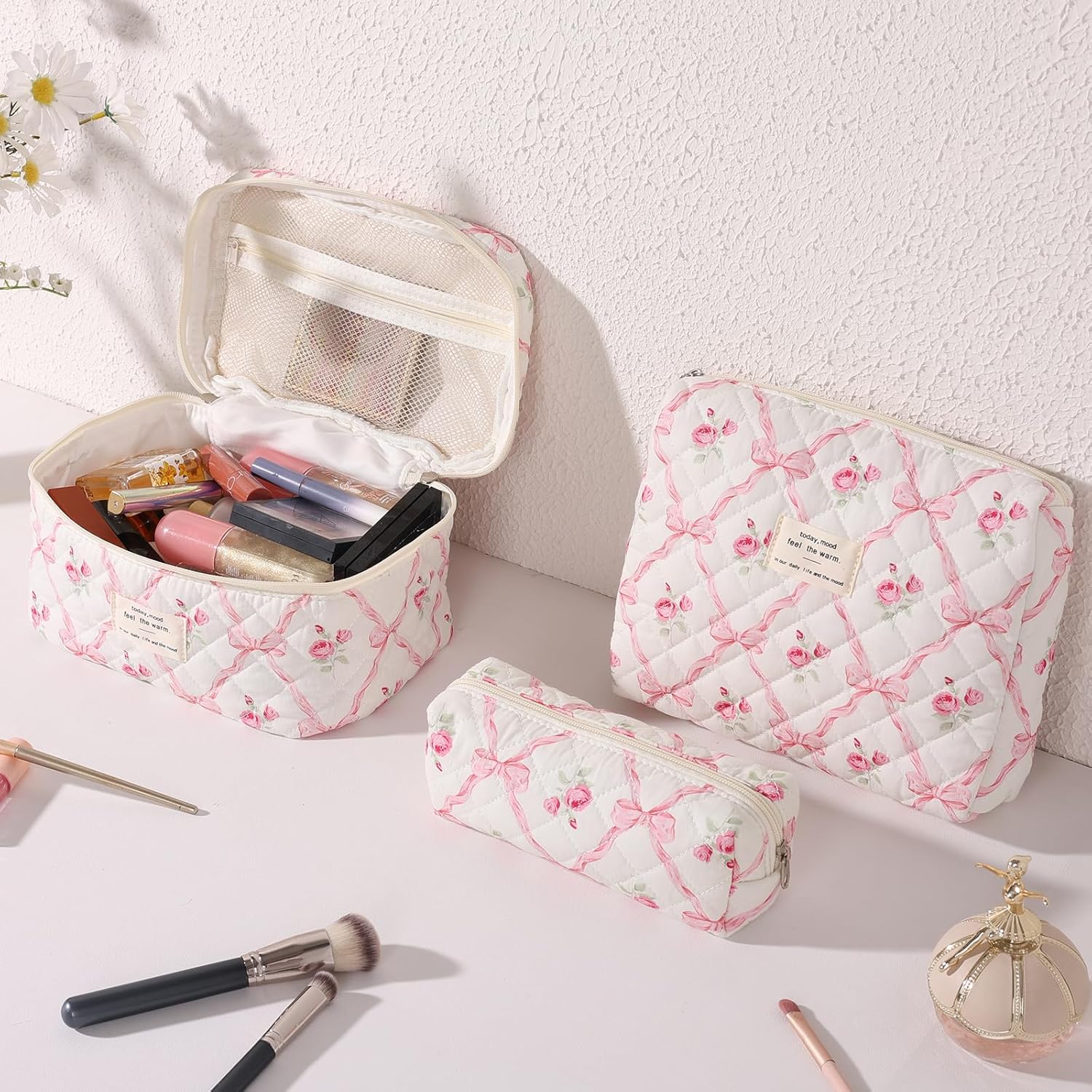 Anfly Makeup Bag, Quilted Cosmetic Bags, Large Floral Make Up Bag for Women, Cute Cotton Makeup Bag 3PC Set, Travel Toiletry Bag (Pink Bow) - Image 2