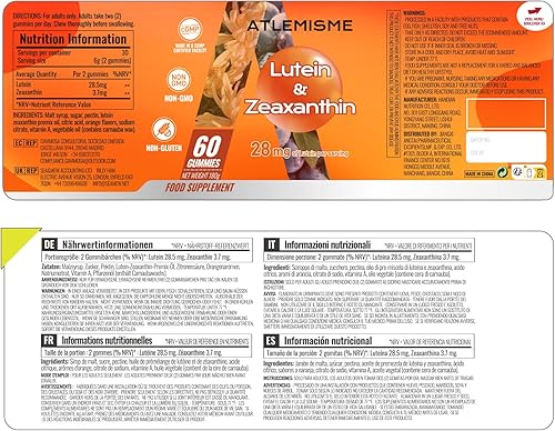 Miniatura 7 de Gomitas de luteína (60 gomas). Gomitas para ojos con luteína (28.5 mg), zeaxantina y vitamina A (paquete de 30 días), sabor naranja, vegano, sin