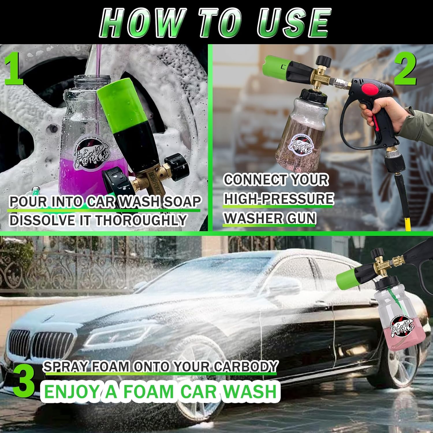BEAR FORCE Innovative Pressure Washer Foam Cannon Pro+ (Thicker Foam, 3 Times of Life), 2026 Car Wash Snow Foam Blaster with One-Click Disassembly Technology + 1/4" Quick Plug, 34oz Bottle