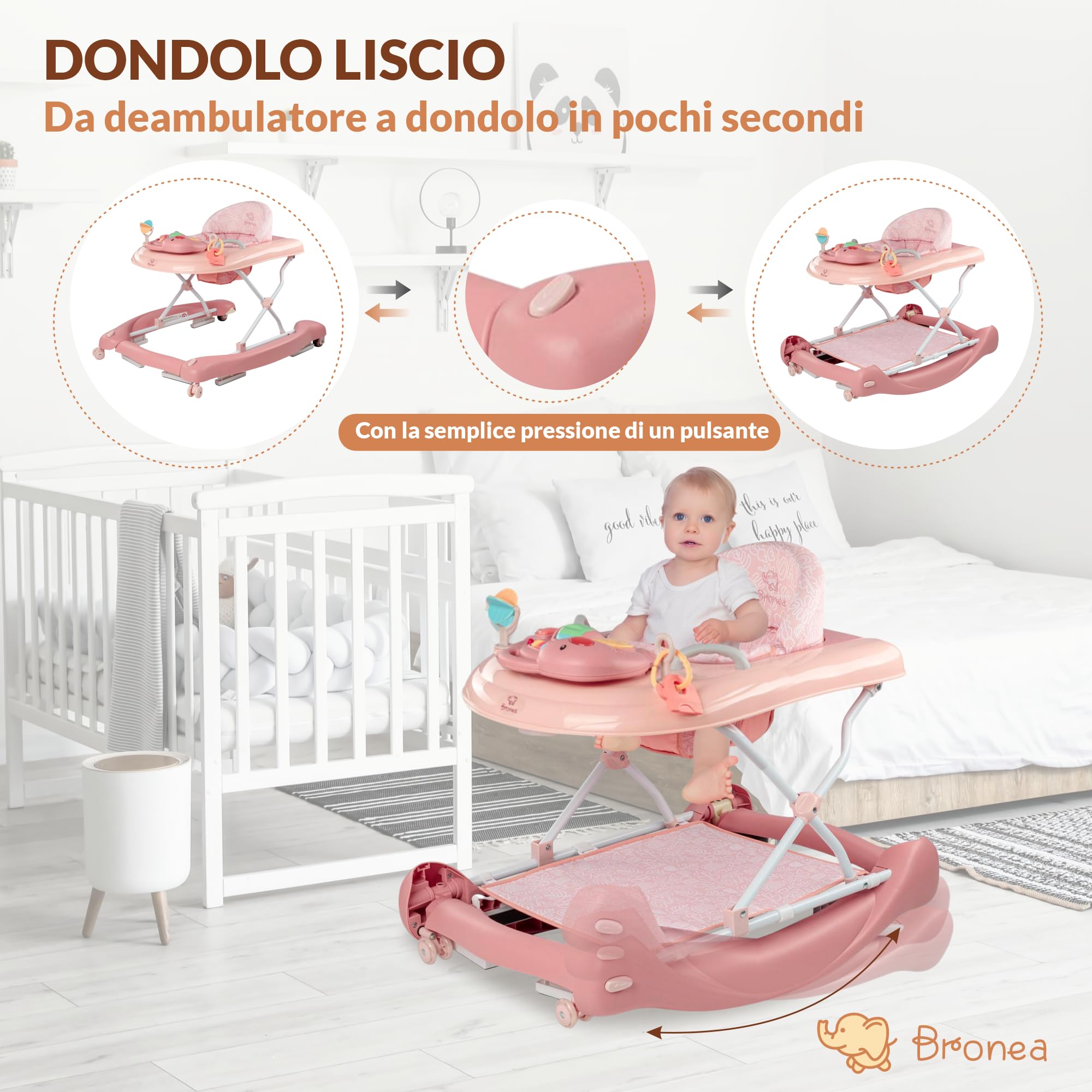 5-in-1 Girello per Bambini | Baby walker con funzione di dondolo, musica e luce | ausilio per la deambulazione dei bambini a partire da 6 mesi | regolabile in altezza | pieghevole | Rosa